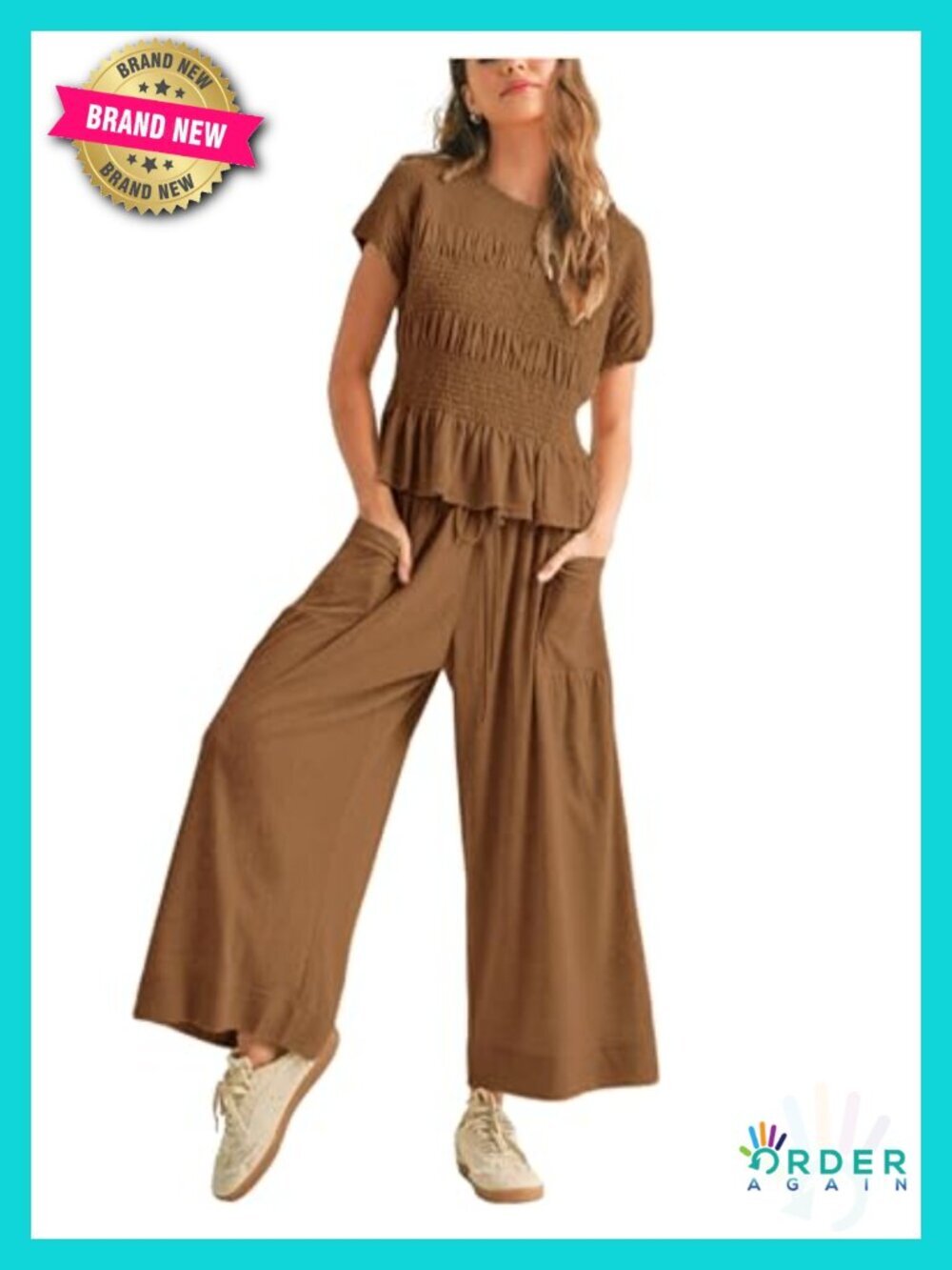 2 Piece Smocked Top Wide-Leg Pants Set with Pockets Lounge Outfit Boho Matching